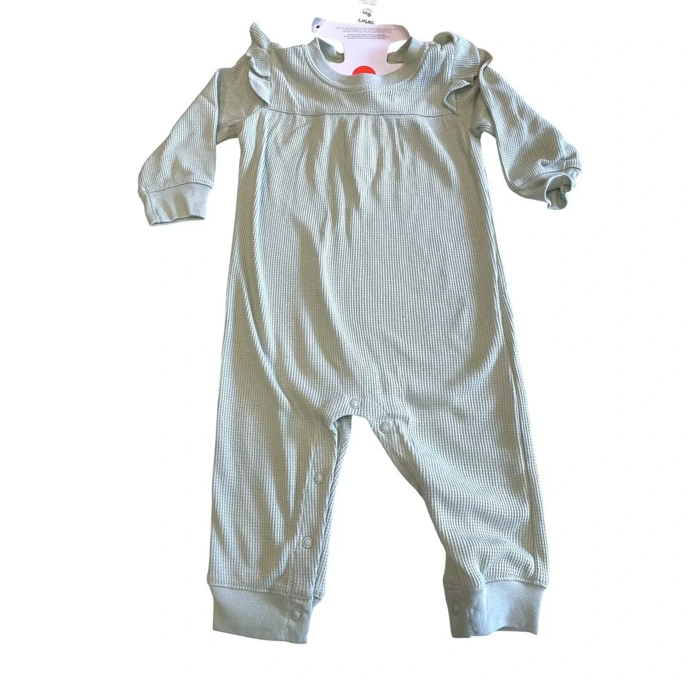 Carter's Baby Girl 9M Jumpsuit 2 Pack Floral Sage‎ Green Waffle Knit Ruffle NWT